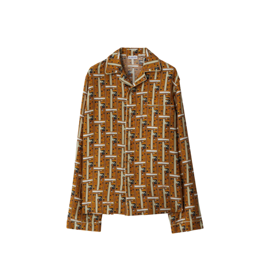 Chemise manche longue BURBERRY pyjama soie orange imprimé bus marron