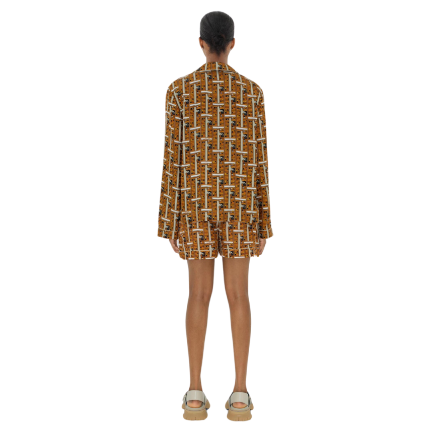 Chemise manche longue BURBERRY pyjama soie orange imprimé bus marron