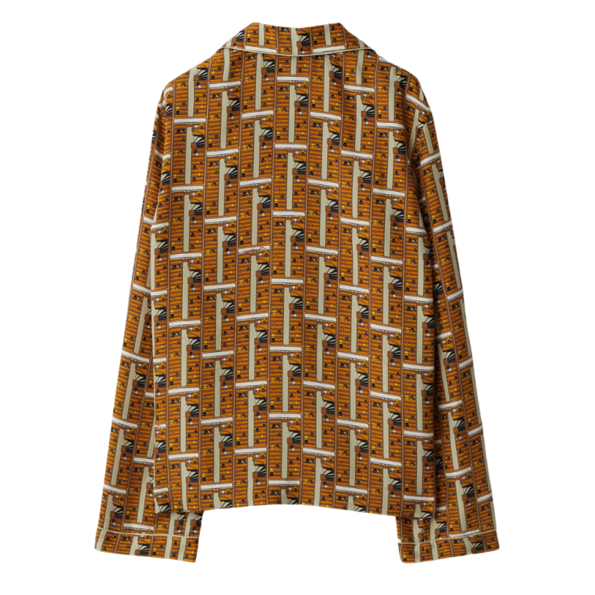 Chemise manche longue BURBERRY pyjama soie orange imprimé bus marron