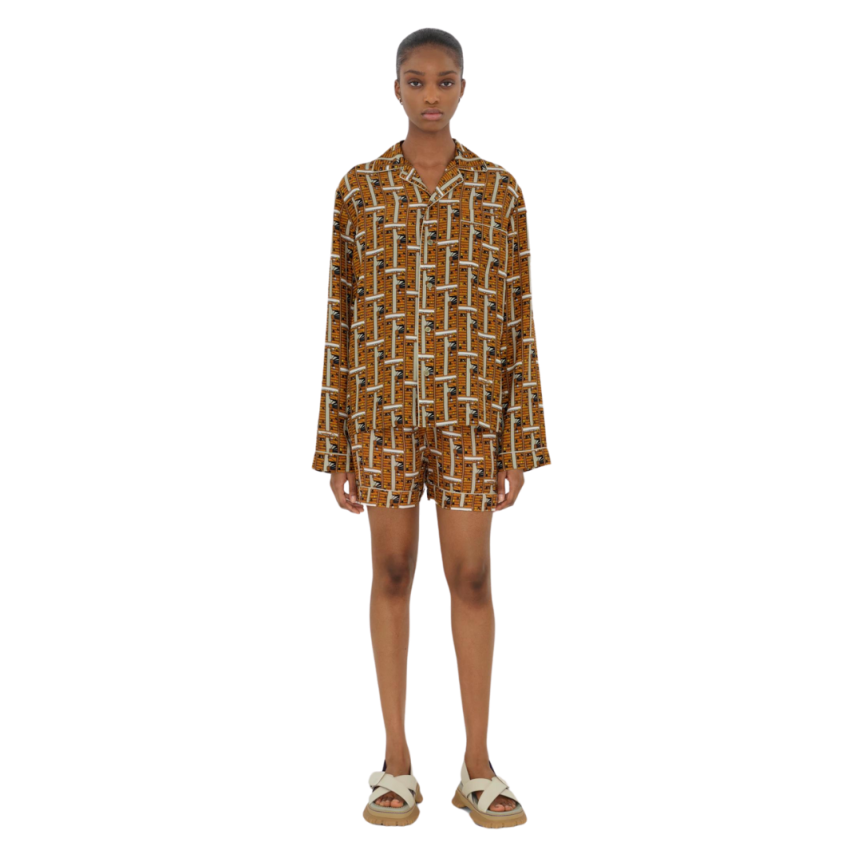 Chemise manche longue BURBERRY pyjama soie orange imprimé bus marron
