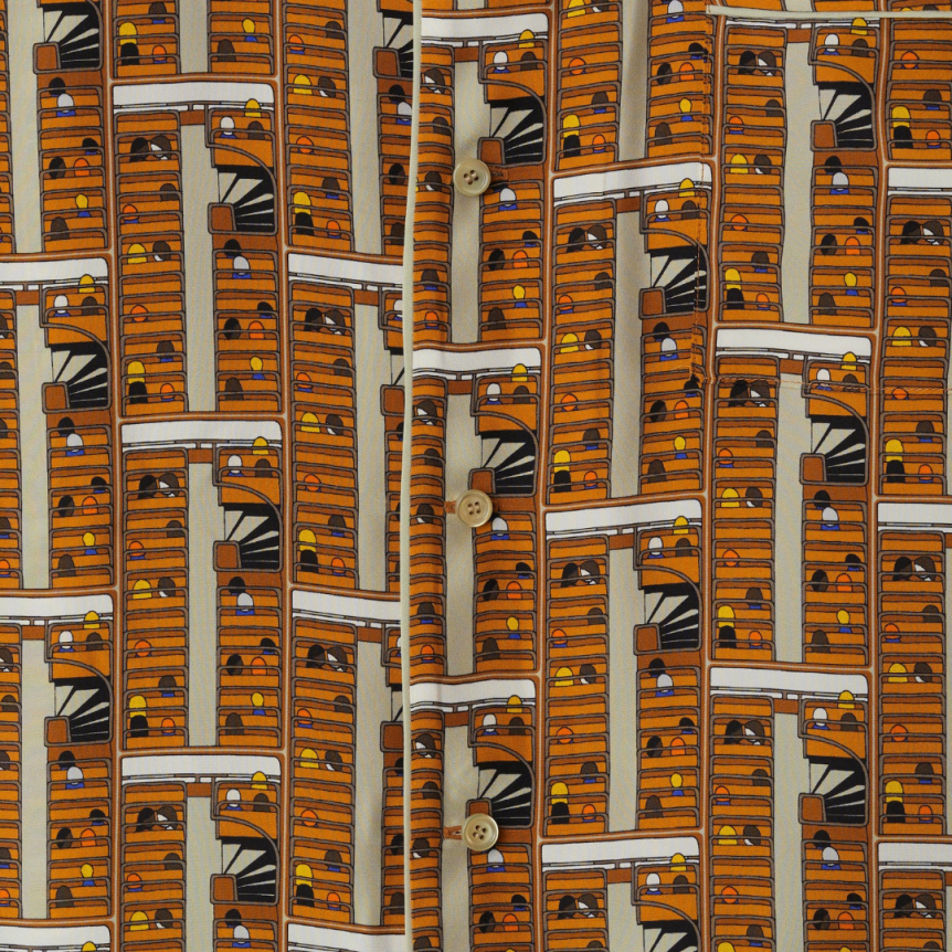 Chemise manche longue BURBERRY pyjama soie orange imprimé bus marron