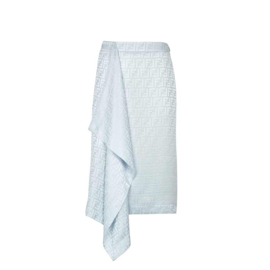 Jupe FENDI mi-longue crêpe soie satin FF bleu clair
