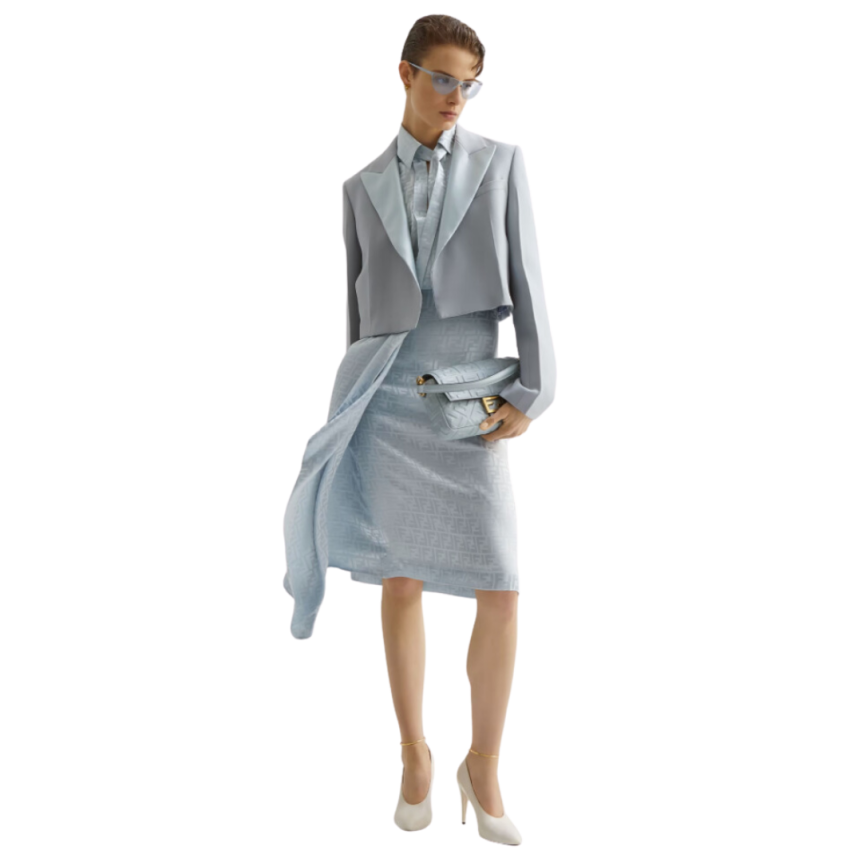 Jupe FENDI mi-longue crêpe soie satin FF bleu clair