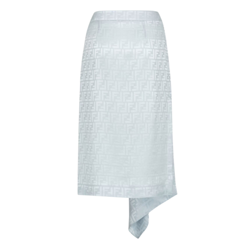 Jupe FENDI mi-longue crêpe soie satin FF bleu clair