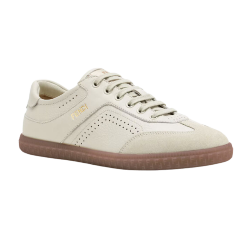 baskets basses FENDI Flair cuir blanc crème microperforé bout daim