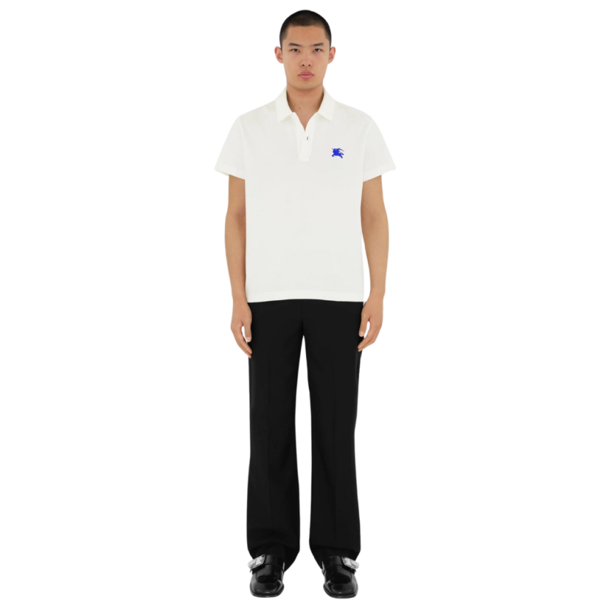 Polo BURBERRY manche courte coton piqué blanc logo cavalier bleu