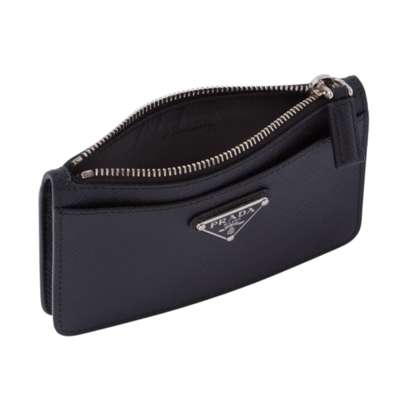 Porte-cartes zippé PRADA cuir Saffiano noir