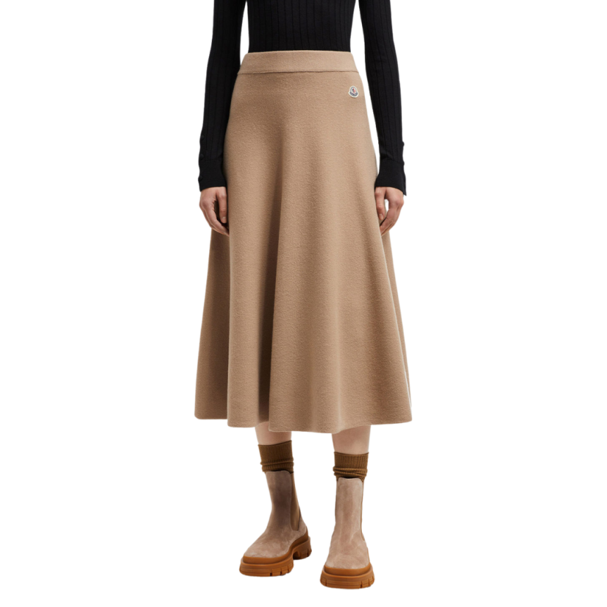 Jupe MONCLER midi évasée maille laine coton camel