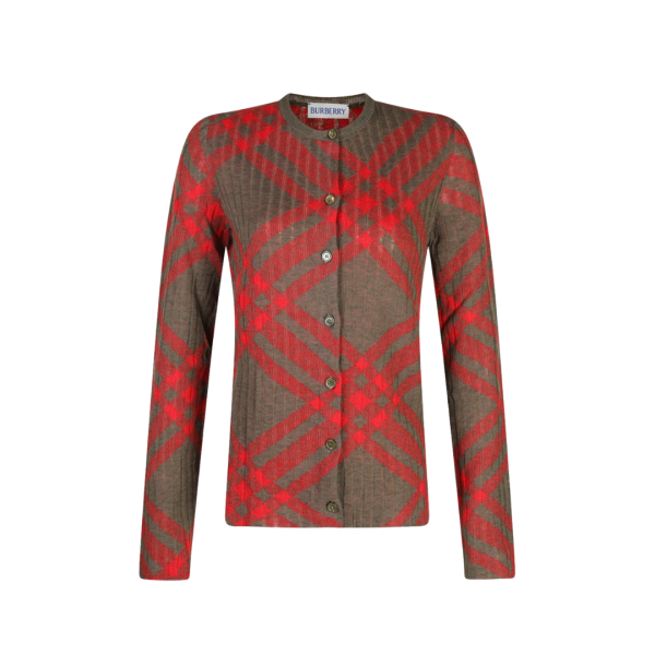 Cardigan BURBERRY bouton maille laine kaki marron carreaux check rouge