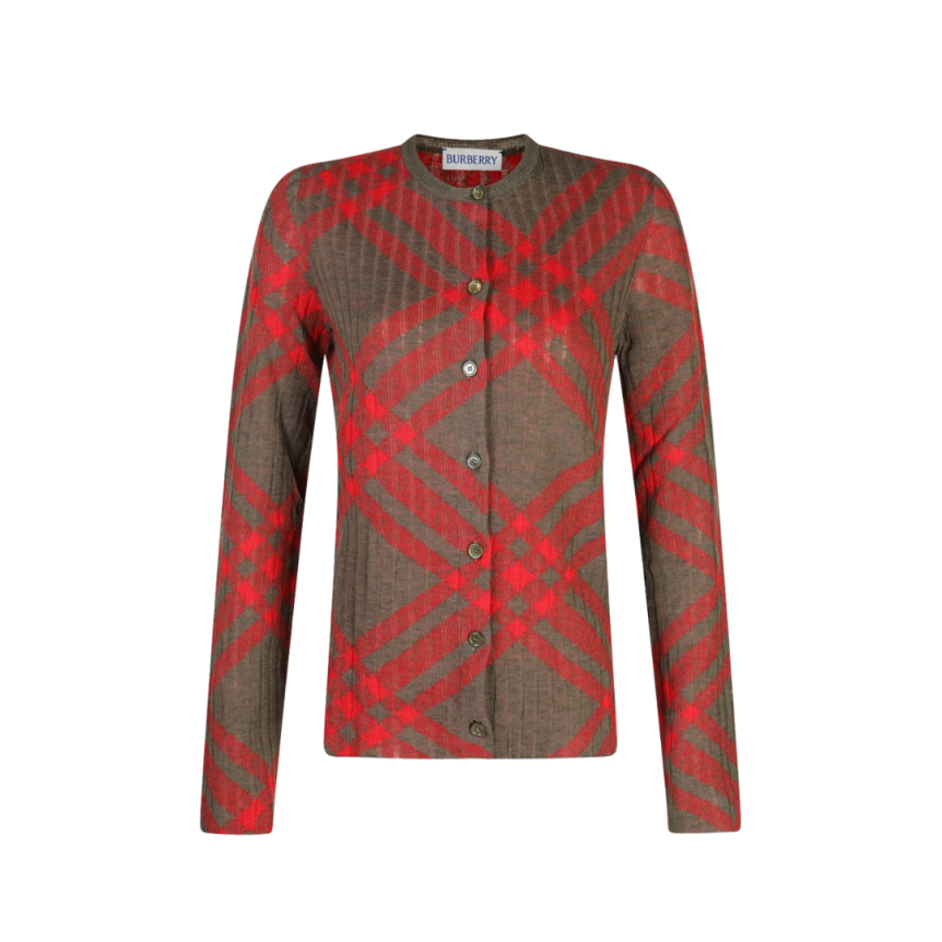 Cardigan BURBERRY bouton maille laine kaki marron carreaux check rouge