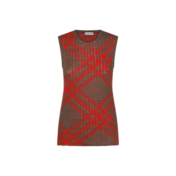 BURBERRY Pull col rond débardeur laine kaki marron check rouge