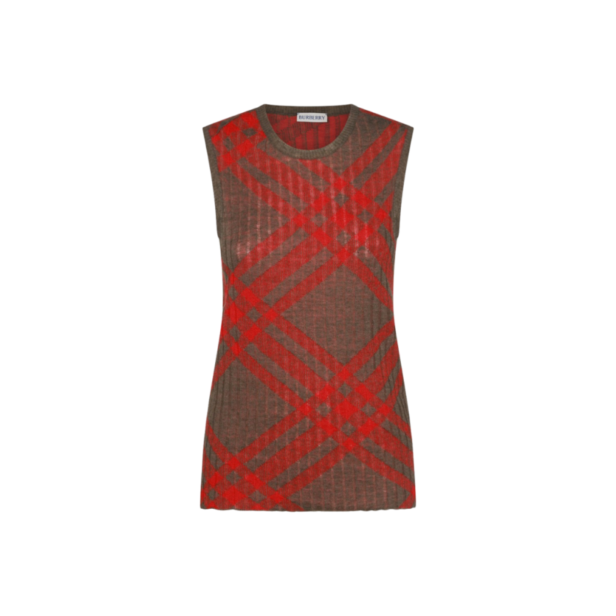 BURBERRY Pull col rond débardeur laine kaki marron check rouge