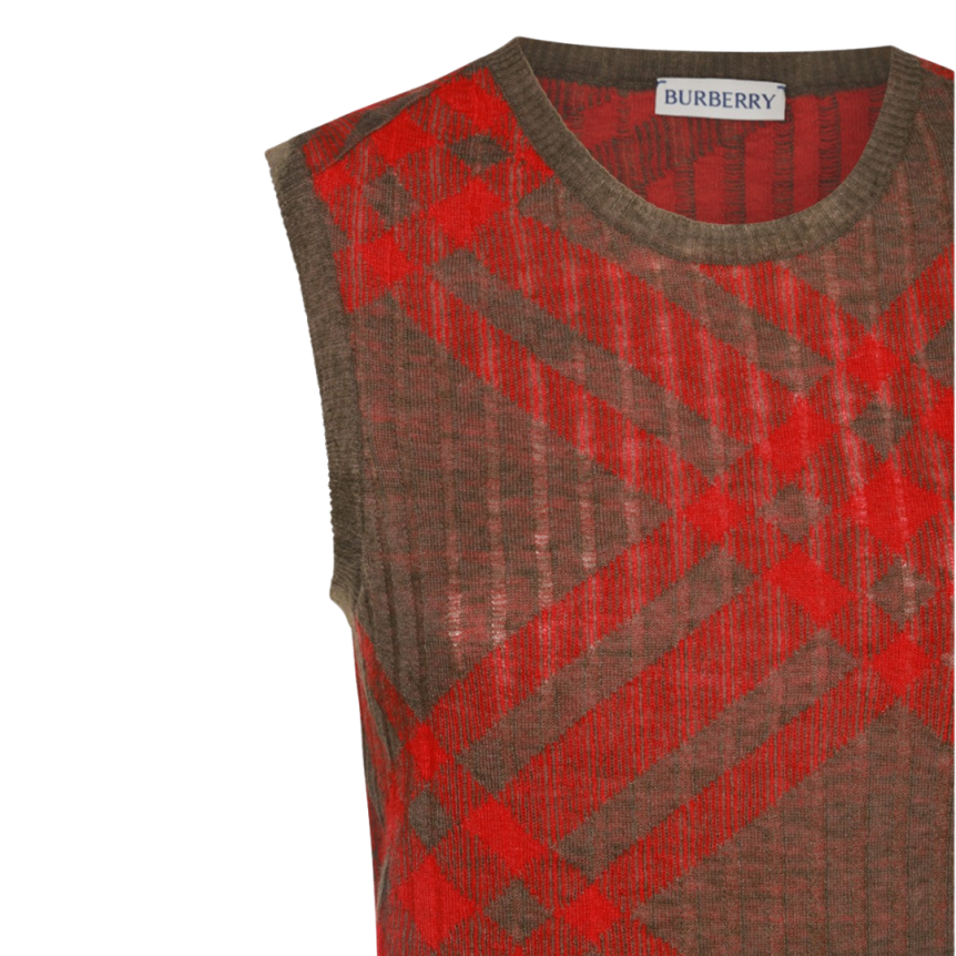 BURBERRY Pull col rond débardeur laine kaki marron check rouge