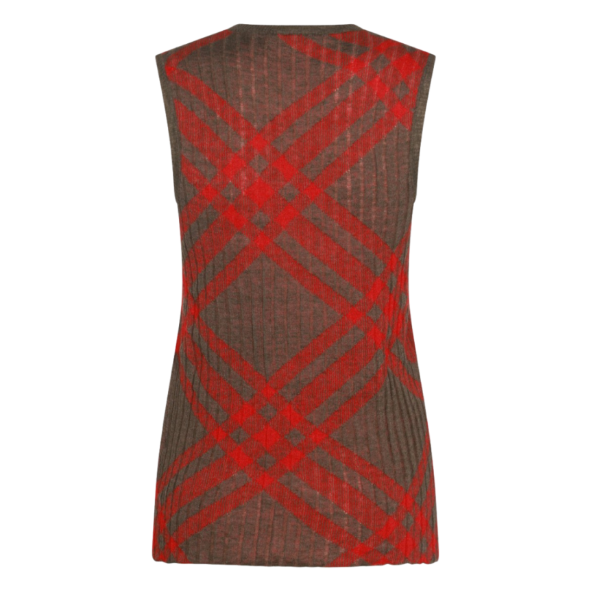 BURBERRY Pull col rond débardeur laine kaki marron check rouge