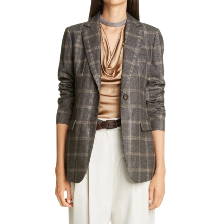 Blazer BRUNELLO CUCINELLI flanelle à carreaux broche monilli hématite en gris