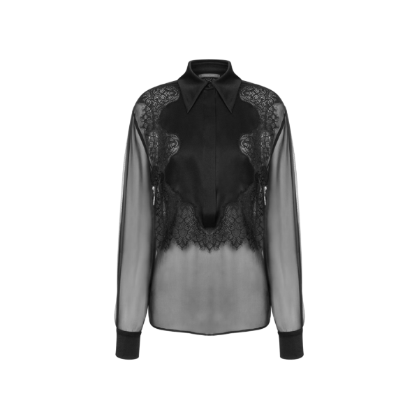 ALBERTA FERRETTI Chemise mousseline soie plastron satin noir bouton