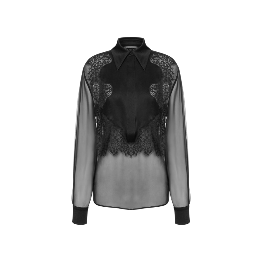 ALBERTA FERRETTI Chemise mousseline soie plastron satin noir bouton