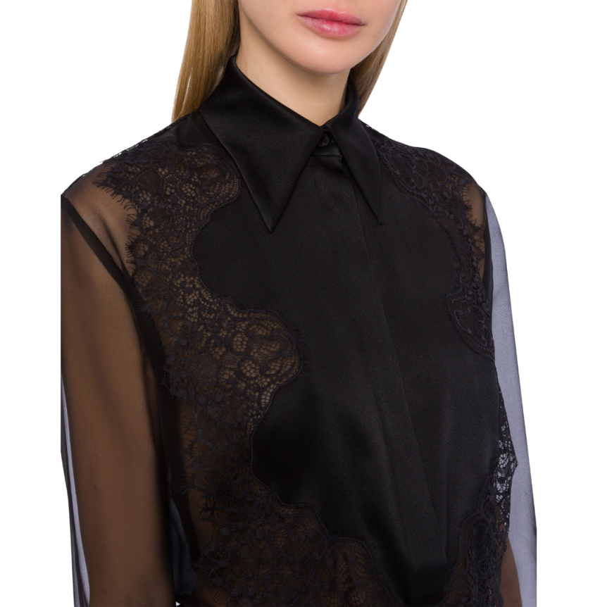 ALBERTA FERRETTI Chemise mousseline soie plastron satin noir bouton