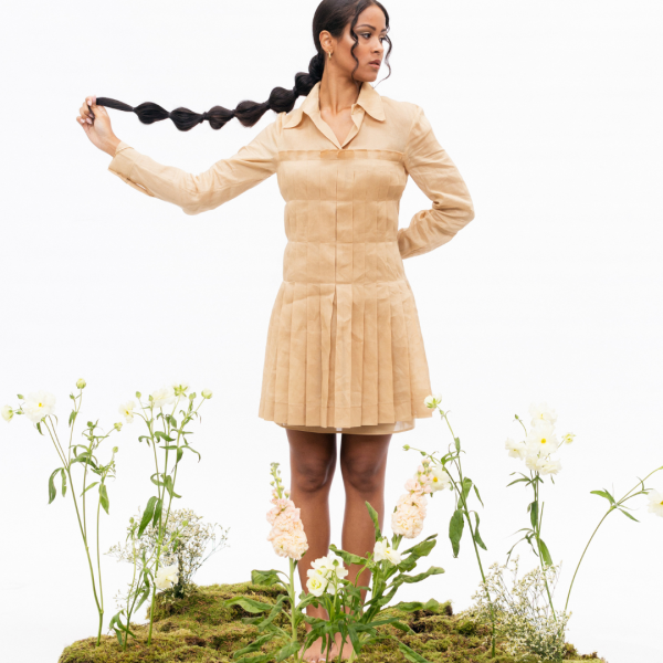 Robe ALBERTA FERRETTI chemise courte coton beige jupe plissée