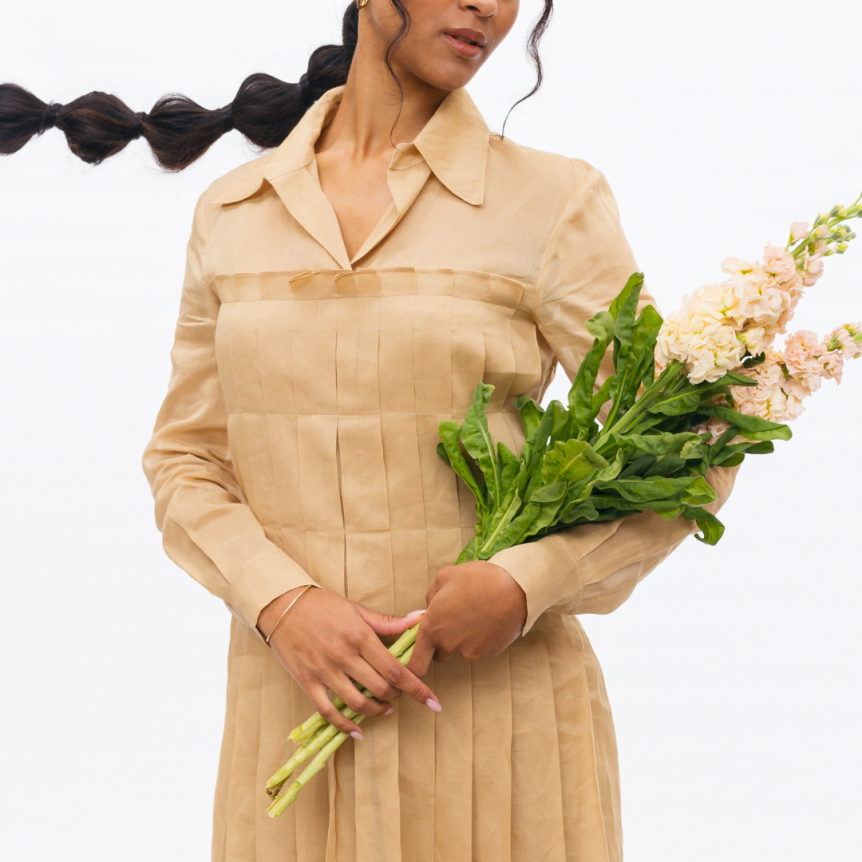 Robe ALBERTA FERRETTI chemise courte coton beige jupe plissée