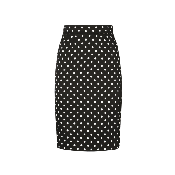 Jupe crayon DOLCE GABBANA mi mollet charmeuse noir pois blanc