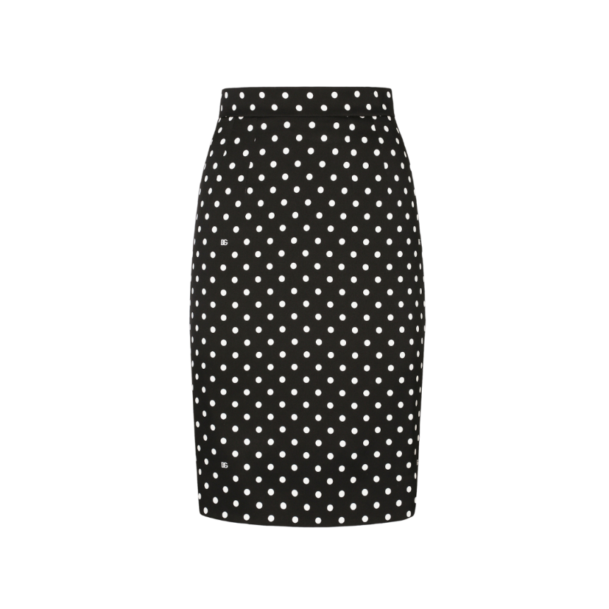 Jupe crayon DOLCE GABBANA mi mollet charmeuse noir pois blanc