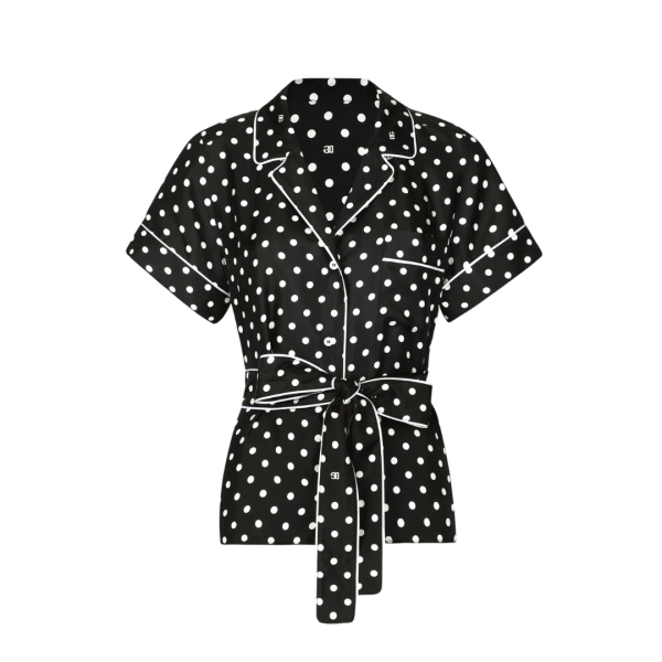 Chemise manche courte DOLCE GABBANA pyjama soie noir pois blanc ceinture