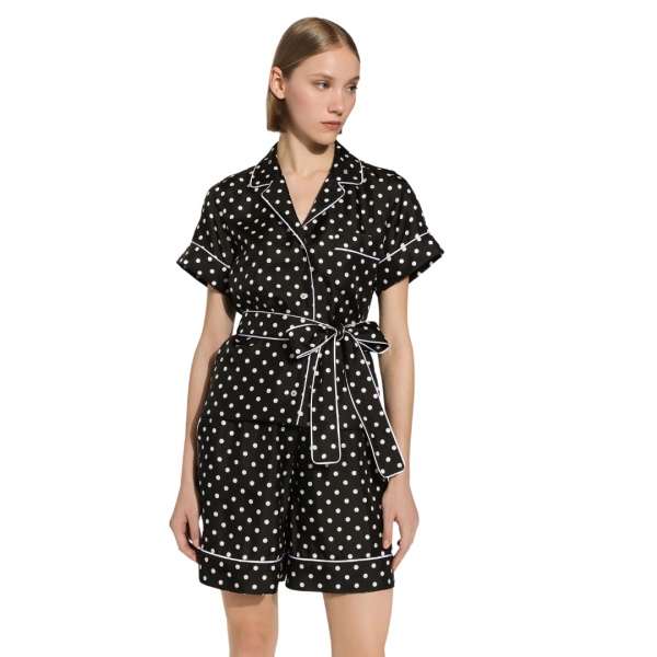 Chemise manche courte DOLCE GABBANA pyjama soie noir pois blanc ceinture