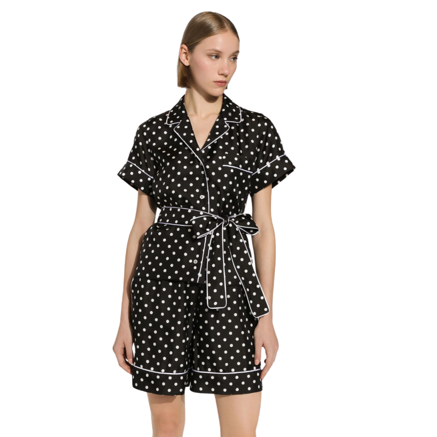 Chemise manche courte DOLCE GABBANA pyjama soie noir pois blanc ceinture
