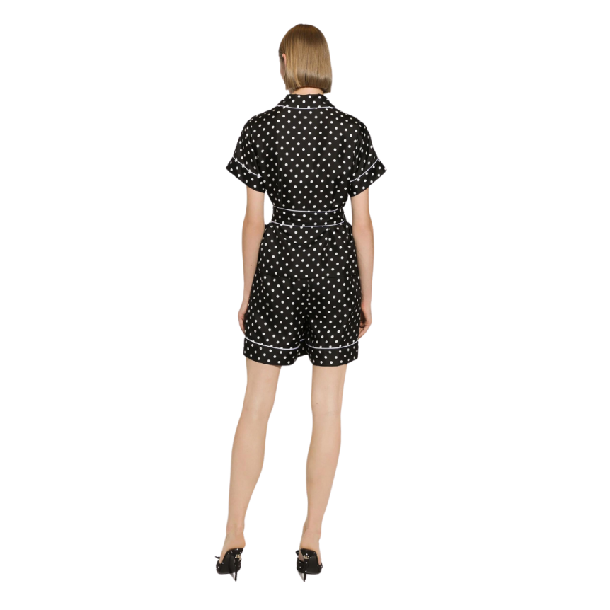 Chemise manche courte DOLCE GABBANA pyjama soie noir pois blanc ceinture