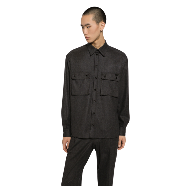 Chemise DOLCE GABBANA manche longue laine vierge flanelle gris anthracite