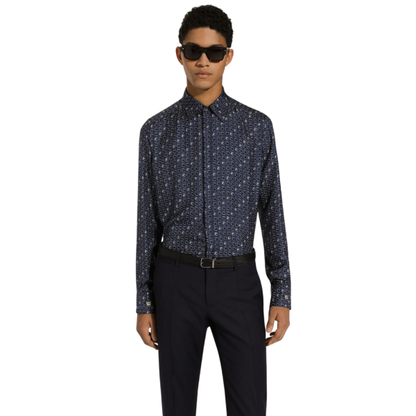 Chemise DOLCE GABBANA coupe martini soie bleu imprimé cravates