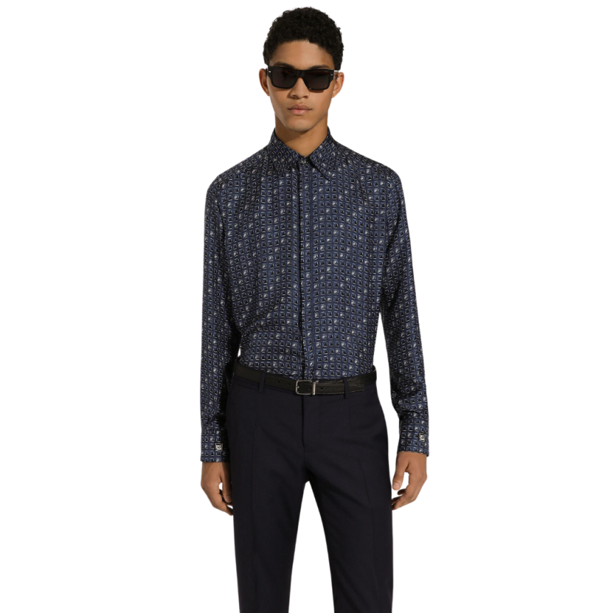 Chemise DOLCE GABBANA coupe martini soie bleu imprimé cravates