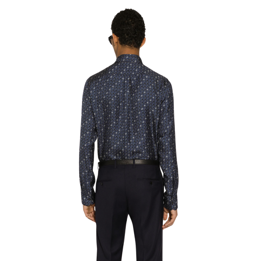 Chemise DOLCE GABBANA coupe martini soie bleu imprimé cravates