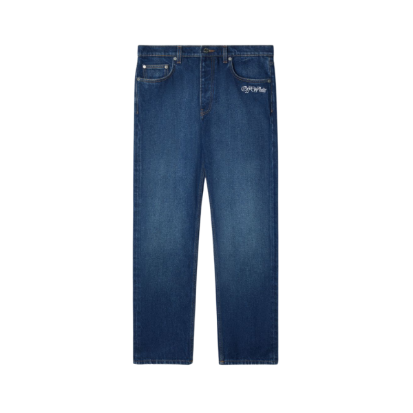 Jean fuselé OFF WHITE brut délavé bleu denim broderie logo blanc