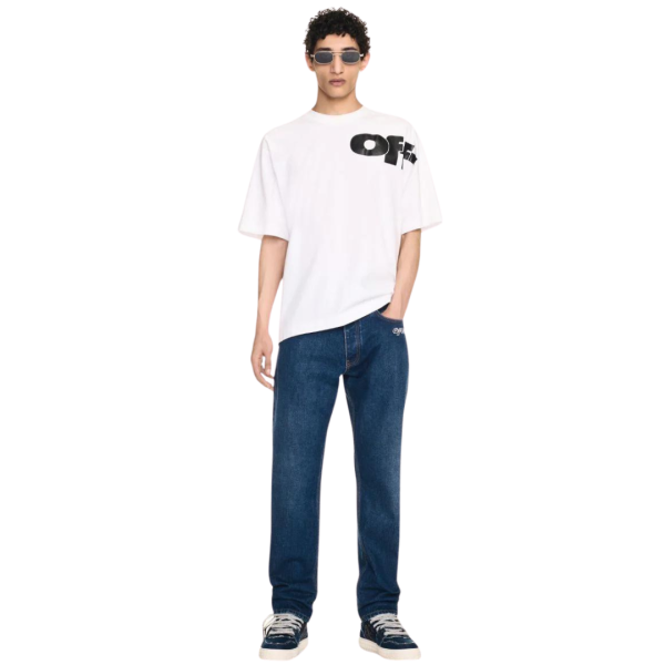 Jean fuselé OFF WHITE brut délavé bleu denim broderie logo blanc
