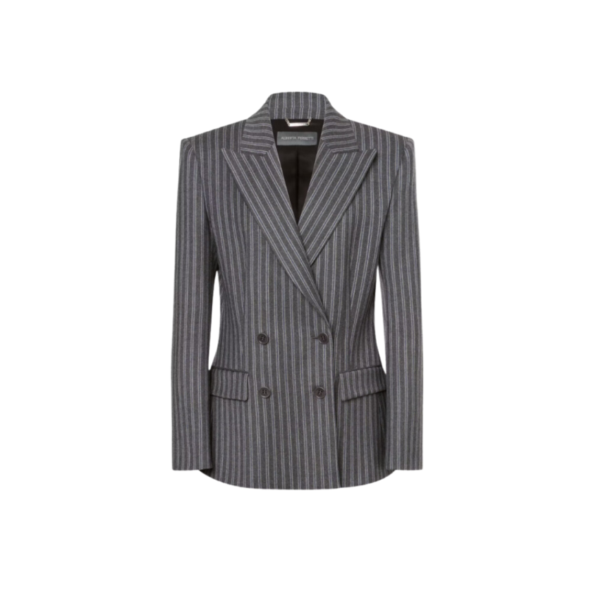 Veste Blazer croisé ALBERTA FERRETTI flanelle laine gris rayures
