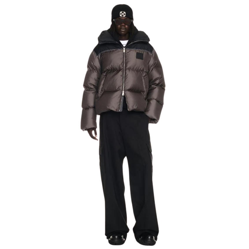 Doudoune capuche OFF WHITE nylon Ripstop gris noir logo flèche