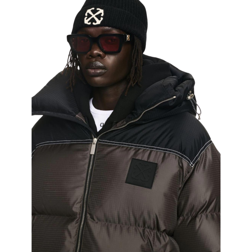 Doudoune capuche OFF WHITE nylon Ripstop gris noir logo flèche