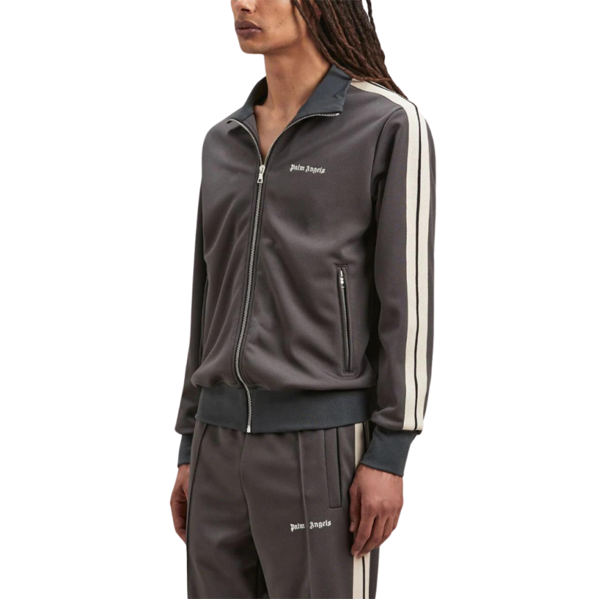 Veste de survêtement PALM ANGELS zippée nylon gris bande blanche logo