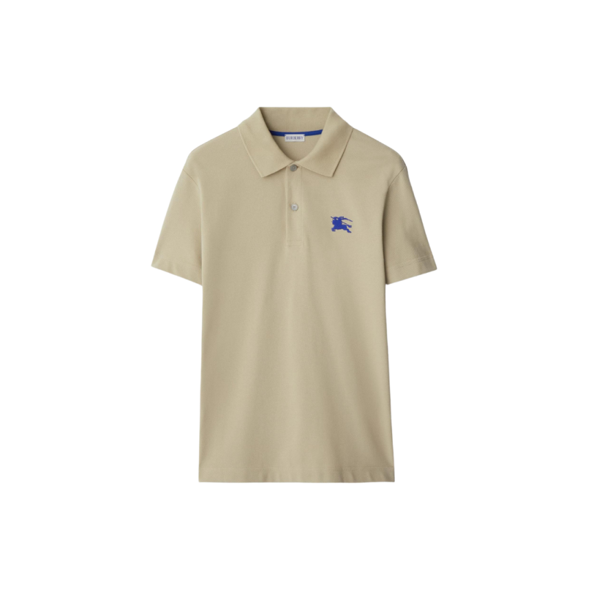 Polo manche courte BURBERRY coton piqué beige broderie chevalier bleu