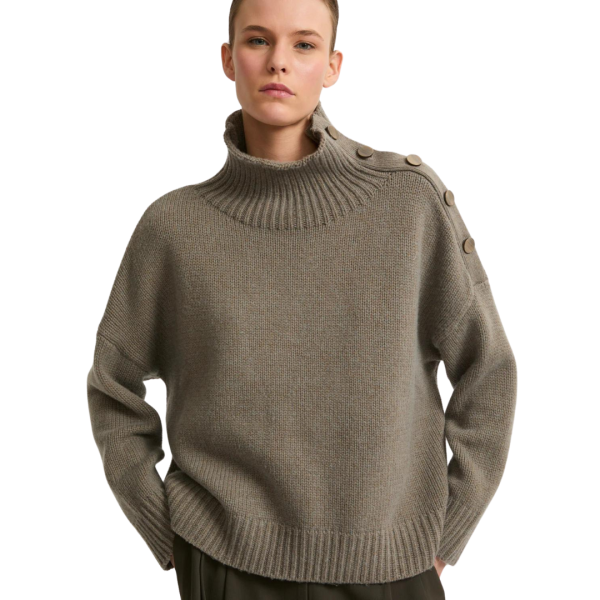 Pull gros col YVES SALOMON rond laine cachemire kaki boutons