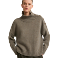 Pull gros col rond laine cachemire gris kaki boutons