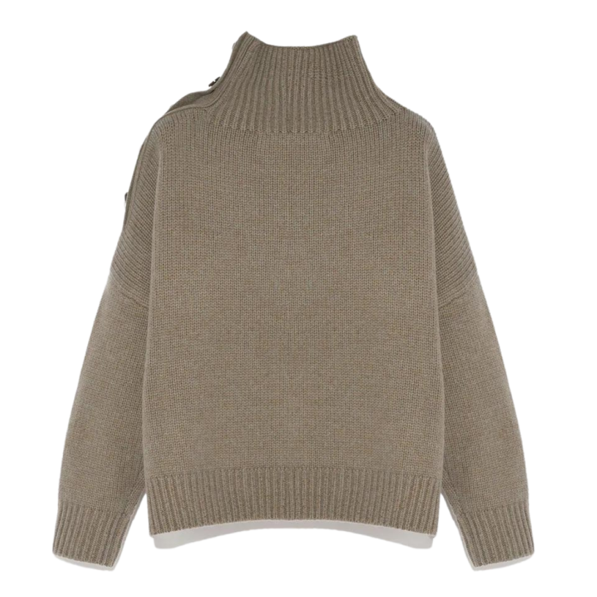 Pull gros col YVES SALOMON rond laine cachemire kaki boutons