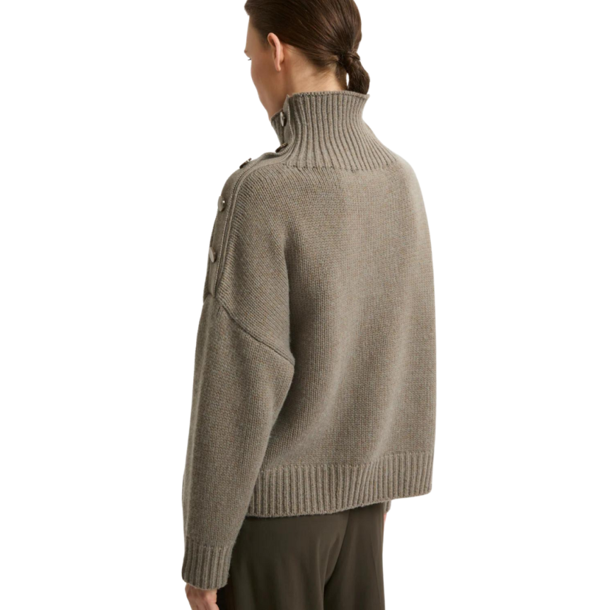 Pull gros col YVES SALOMON rond laine cachemire kaki boutons