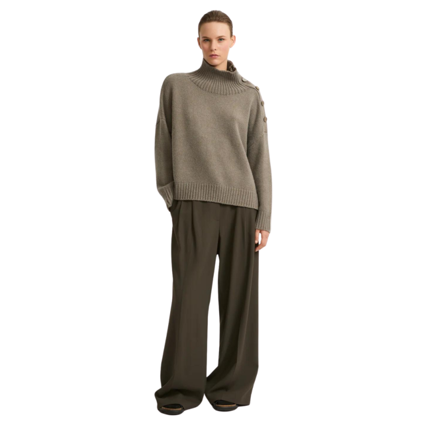 Pull gros col YVES SALOMON rond laine cachemire kaki boutons