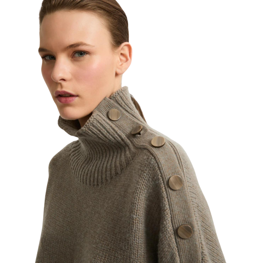 Pull gros col YVES SALOMON rond laine cachemire kaki boutons