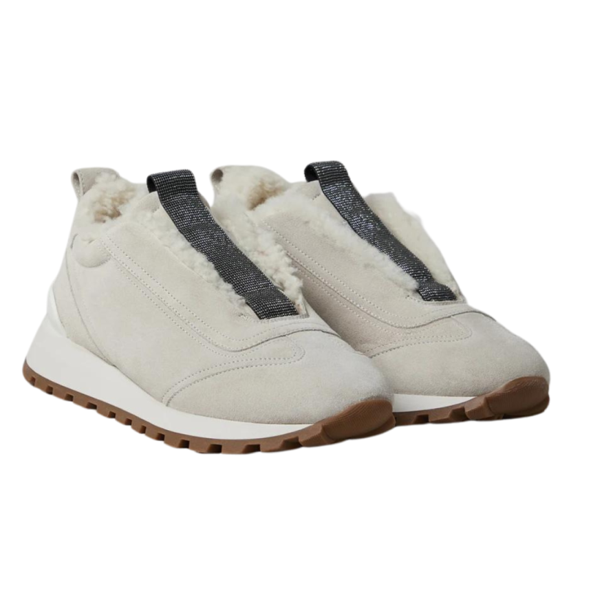 Baskets running BRUNELLO CUCINELLI daim mouton gris clair Monili