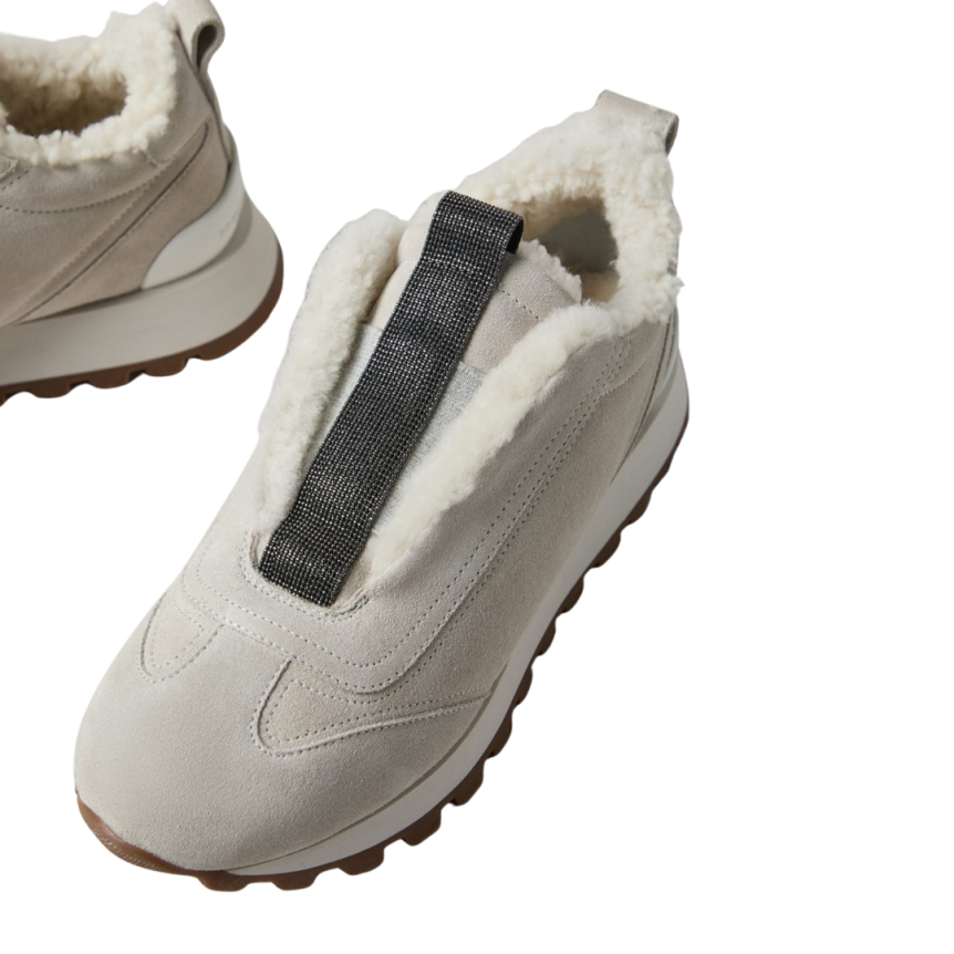 Baskets running BRUNELLO CUCINELLI daim mouton gris clair Monili