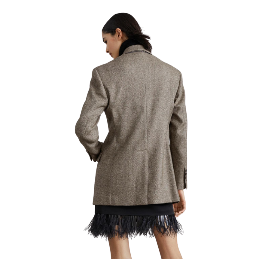 Veste laine cardée BRUNELLO CUCINELLI marron motif chevrons ornement Monile